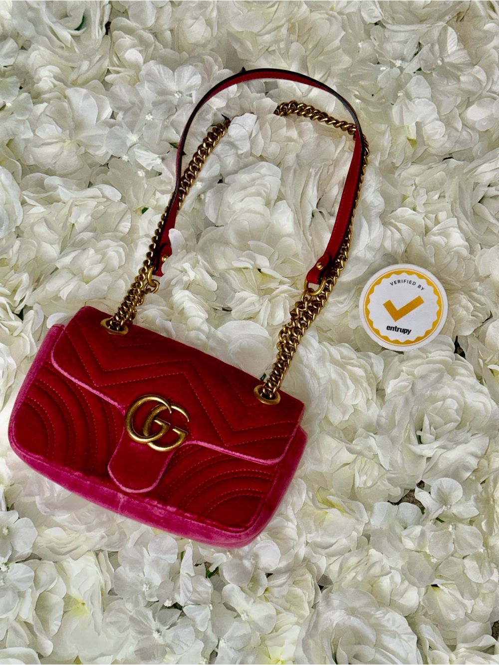 Gucci Pink Velvet GG Marmont Matelasse Shoulder Bag with Gold Chain